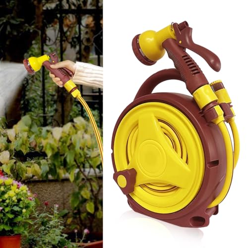HASTHIP 32.8Ft Garden Hose Sprayer with Hand Crank Reel High Pressure Garden Hose Sprayer with Multi Modes, Labor Saving Car Washing Hose Sprayer Garden Hose Sprayer for Gardening, Car Washing