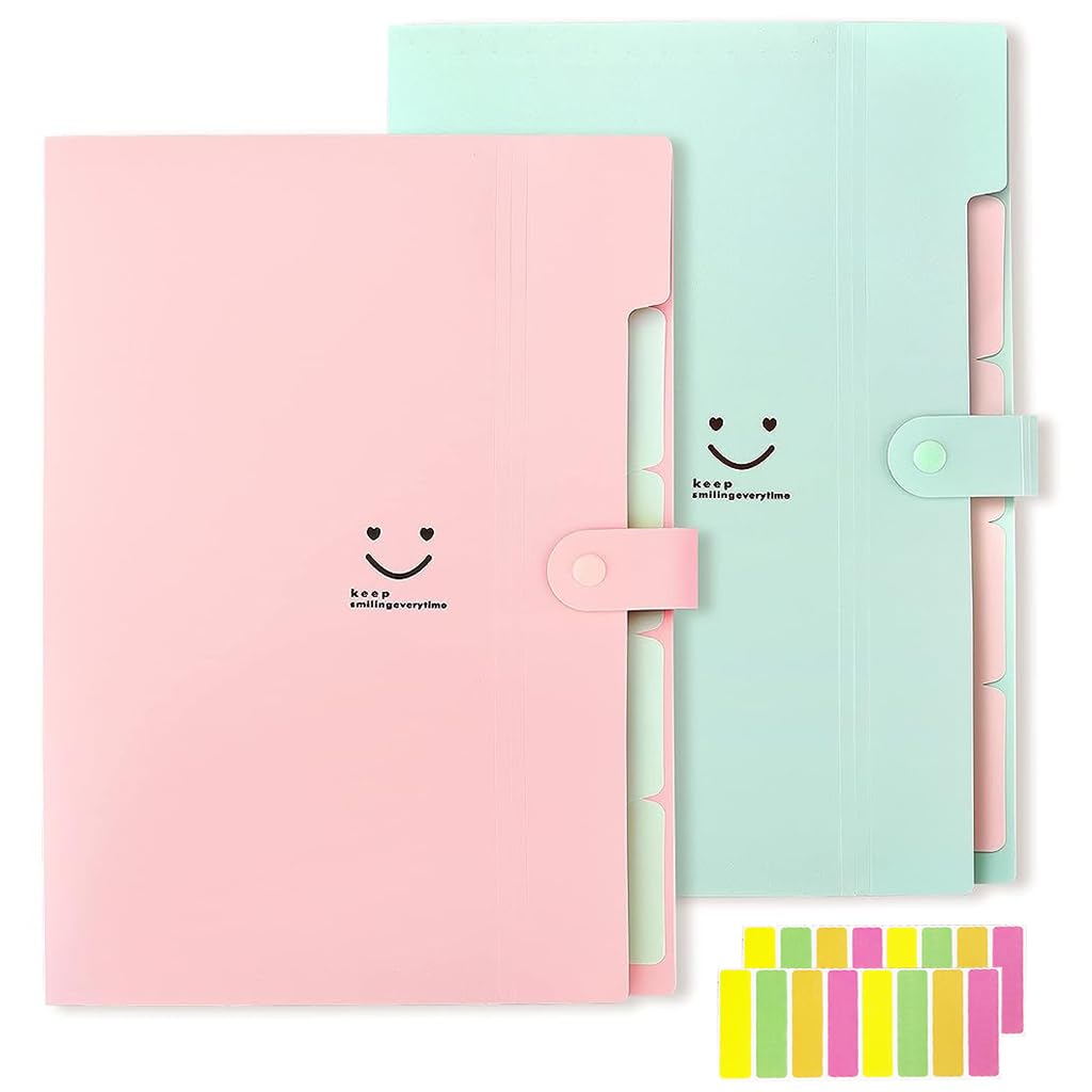 HASTHIP® 2Pcs File Folder with Labels, Accordion File Folder, Expanding File Folder with Separate 5 Compartments A4 File Folders, Folder File for Documents, Filing Products Folder, Folders for School