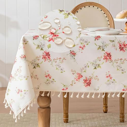 HASTHIP® 47.2 x 70.8 inch Table Cloth 4 Seater - Linen with Tassel Elegant Cotton-Linen Blend Dining Table Cover Decorative Table Protector for Kitchen, Dining Room & Outdoor Use, Red