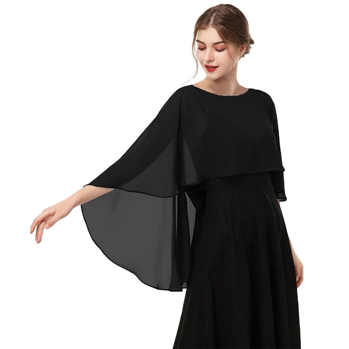 PALAY® Chiffon Shawl Wraps Capelet Formal Cover Up for Evening Dresses Black Sheer Party Wedding Capes for Women Off-shoulder Sun Protection Coverup Top for Beachwear, Gown, Strapless