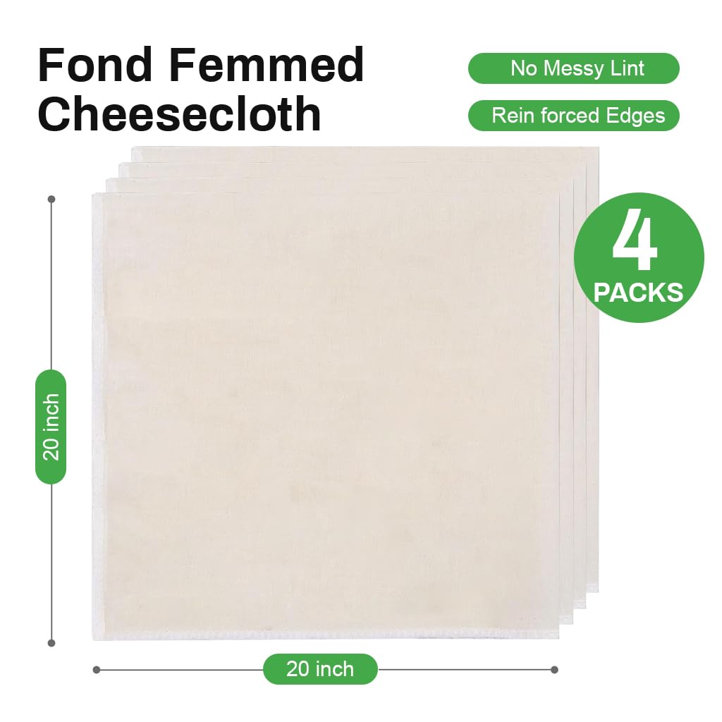 Supvox Muslin Cloth for Kitchen 4pcs 20x20 in with Seamed Edges 100% Unbleached Cotton | Reusable Straining Fabric