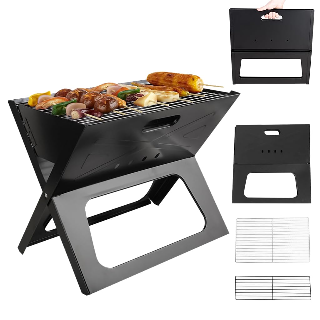 HASTHIP® Portable and Foldable BBQ Grill Set for Home with, Cold Rolled Steel Charcoal BBQ Grill Set for Picnic, Outdoor Camping, Travelling, Backyard(17.3x11.2x14in)