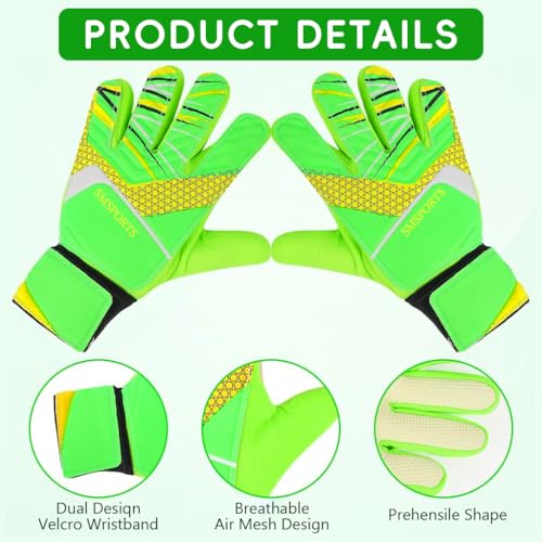 Proberos® Football Goalkeeper Gloves for Kids Children Teen Anti-Slip Impact Protection Latex Palm Design with Adjustable Strap Soft Pu Hand Back Green Size-7 3PCS
