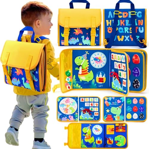 PATPAT® Dinosaur Toddler Busy Board Backpack, Montessori Toys for Boys Girls 1 2 3 4 Year Old, Early Educational Activity Baby Sensory Toy with Learn to Lace, Zipping, Portable Busy Board for Travel