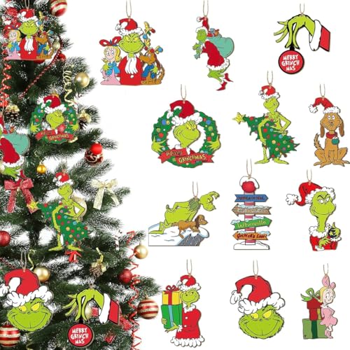 HASTHIP 24pcs Funny Grinch Christmas Decorations Christmas Tree Wooden Hanging Ornaments Assorted Grinch -themed Christmas Tree Decorations for Home Decor Merry Grinch Mas Party Home Decoration