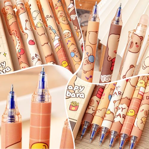 Climberty® 12PCS Erasable Gel Pens with Rubber Eraser Cap Blue Ink Cute Cartoon Capybara Student Writing Office Stationeries Gift Set