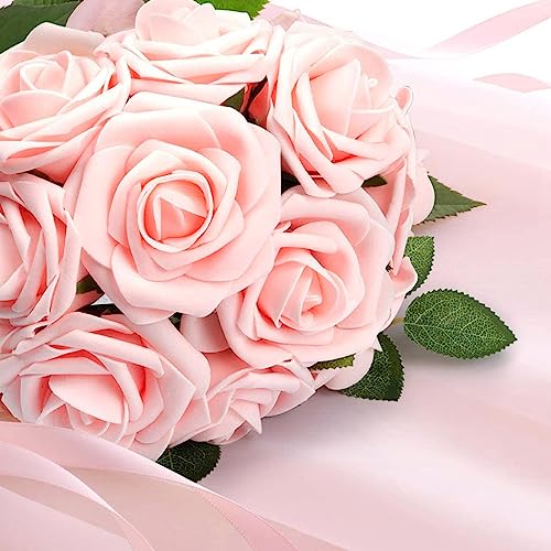 HASTHIP 25pcs Roses Artificial Flowers Box Set, Foam Pink Fake Roses with Stems for DIY Wedding Bouquets Centerpieces Arrangements Party Baby Shower Home Decorations