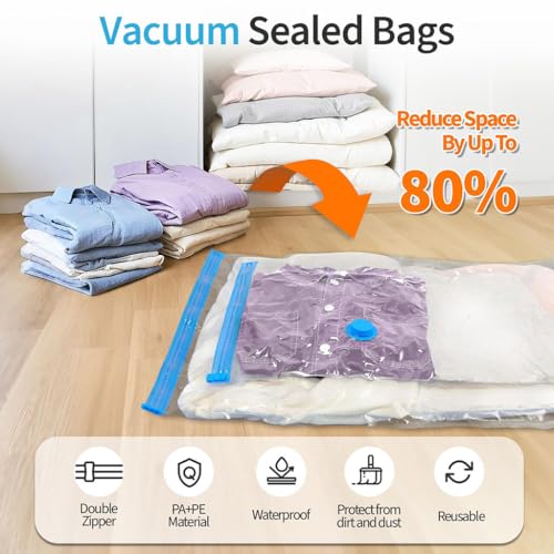 ZIBUYU® 3Pcs Clothing Vacuum Storage Bags with Hand Air Pump, 70x100cm Airtight Clothing Bags, Clear Waterproof Dustproof PE Vacuum Seal Bags, Space Saving Wardrobe Clothing Bags