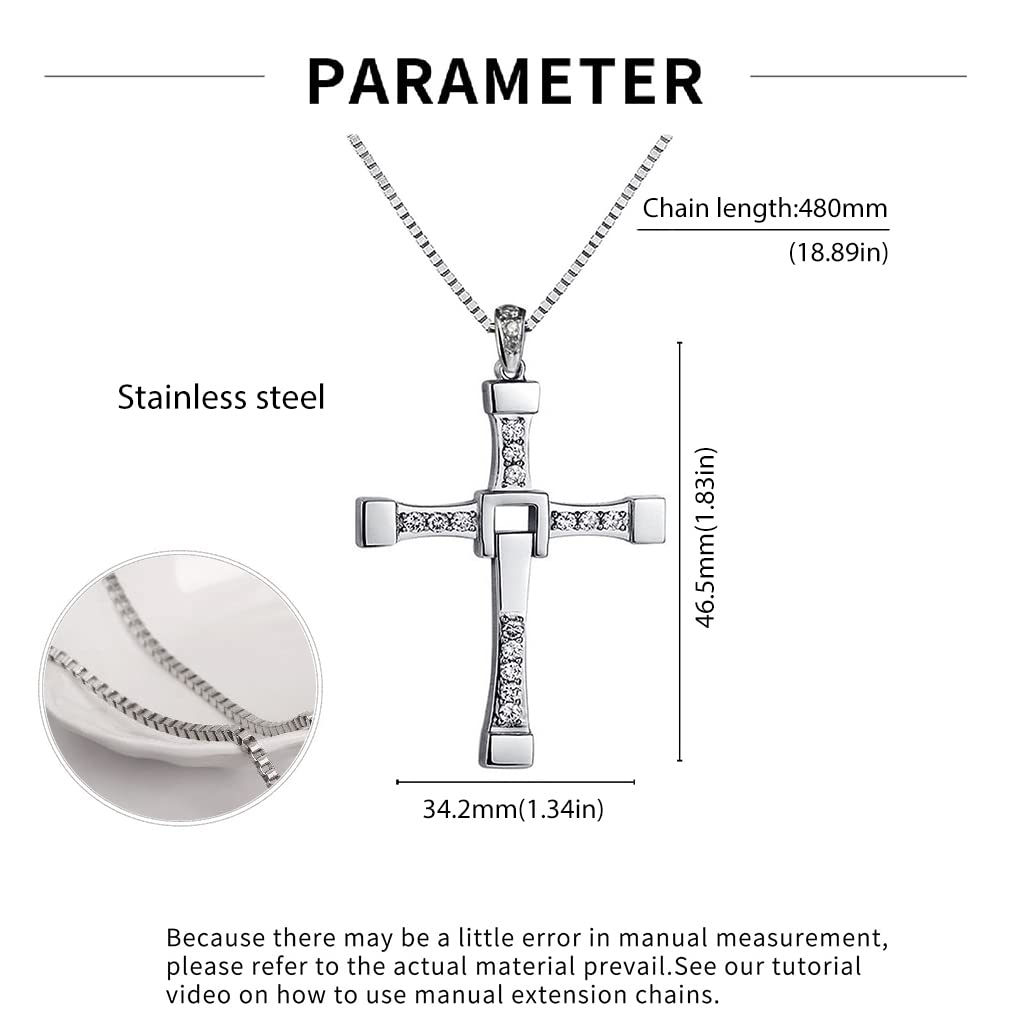 ZIBUYU Cross Necklace for Men Dominic Toretto's Cross Pendant Necklace The Fast and the Furious Titanium Steel Cross Neck Pendant Jewelry for Men and Boy's (Silver)