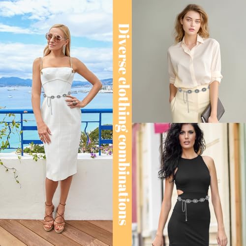 PALAY® Waist Belt for Women Silver Metal Concho Hip Saree Fashion Vintage Chain Adjustable Boho Western Ladies Belts Dresses Jeans Skirts 3PCS