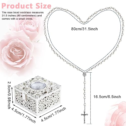 SANNIDHI® Pearl Necklace for Women Men Cross Pendant with 8Mm Rosary Beads Chain Catholic Prayer Gift Girls Locket Pack in Engraved Metal Box 3PCS
