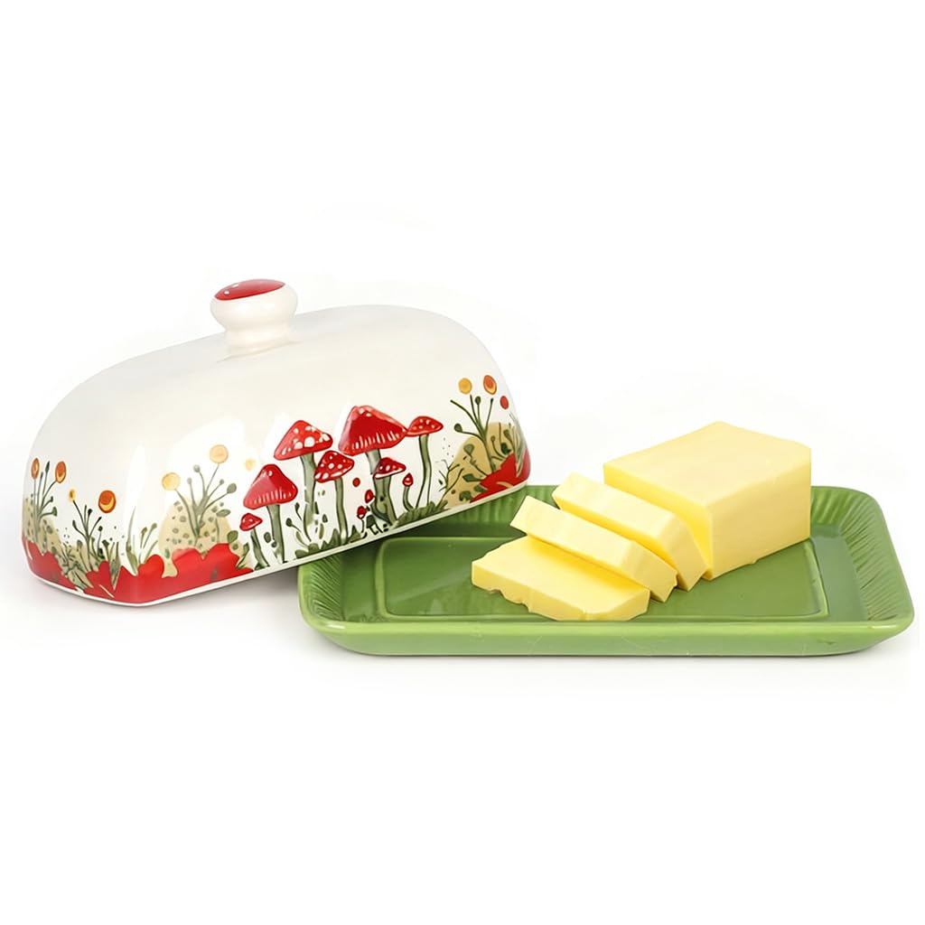 Supvox Ceramic Butter Saver Dish for Storage with Lid and Cartoon Mushroom Print 5.5x2.2 in