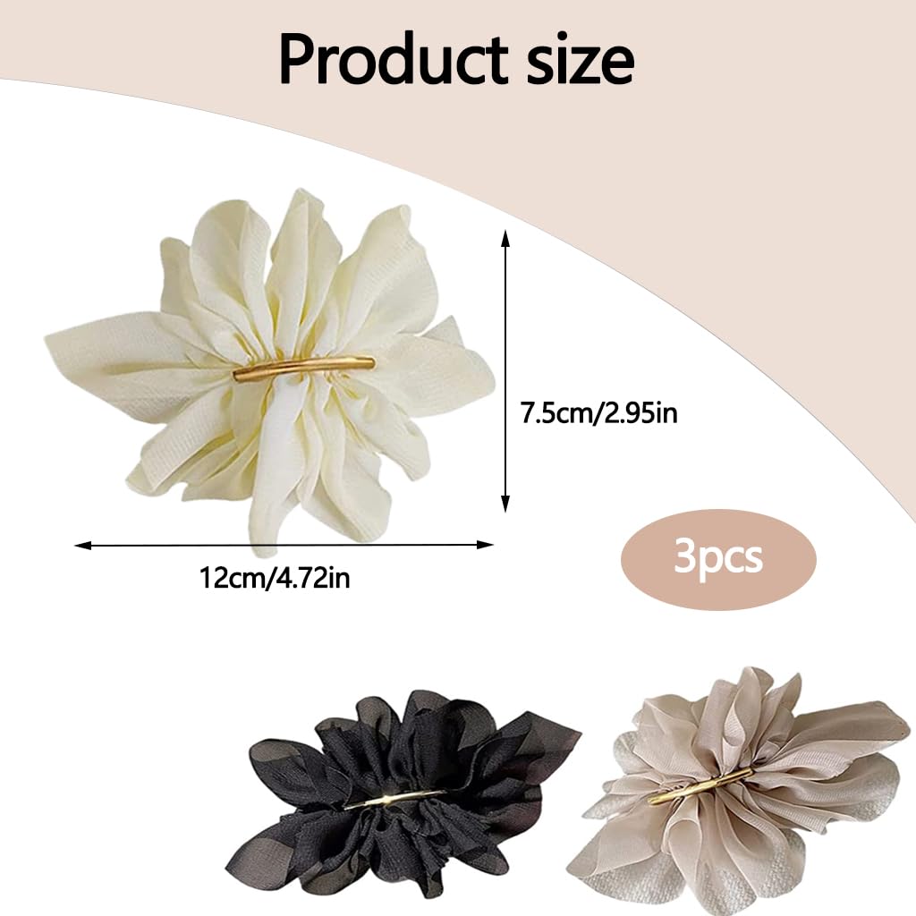 ZIBUYU 3 PC Chiffon Flower Hair Clips for Women with Secure Alligator Clip in White Beige Black