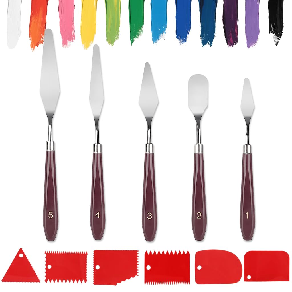 Serplex Acrylic Paint Scrapers Set for Texture Art with 11 Pcs Tools featuring Wooden Handles