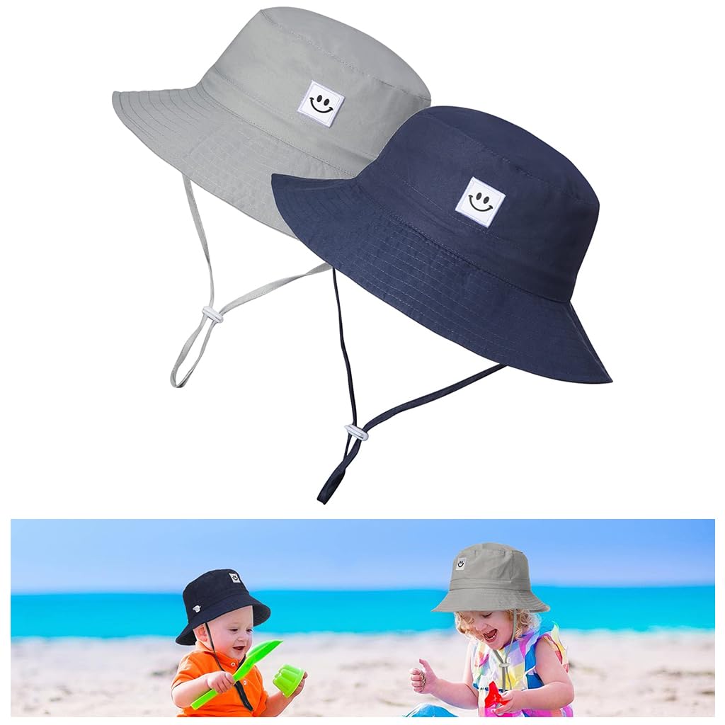 SNOWIE SOFT® 2Pcs Hat for Kids Wide Brim Sun Hat Fashion Bucket Hat UPF 50+ Sun Protection Cap Unisex Sun Hat Outdoor Sun Hat for Kids 4-6 Years, Head Circumference 52 CM Navy Grey