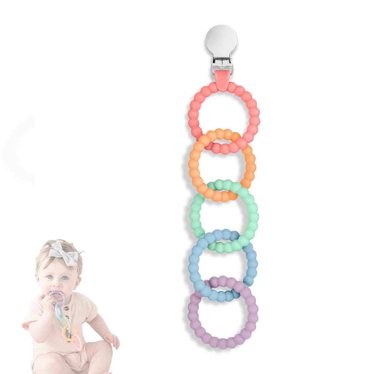 SNOWIE SOFT Baby Teether Toy for 0-24 Months with 5 Loop Design and Stainless Steel Clip | Food Grade Silicone for Safe Chewing and Sensory Development