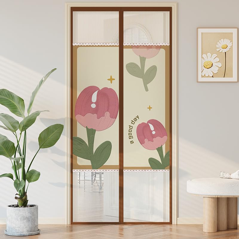 HASTHIP Screen Door Mesh 39.37x 82.68 Inches Fashion Patchwork Mesh Screen Door Mosquito Proof Self Sealing Door Room Partition Screen Removable Hook and Loop Mesh Screen Door