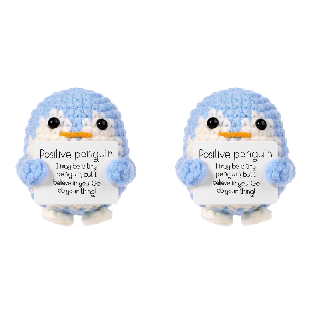 ZIBUYU Handmade Crochet Penguin Toys for Desk Decor with Positive Message Card Blue 2PCS