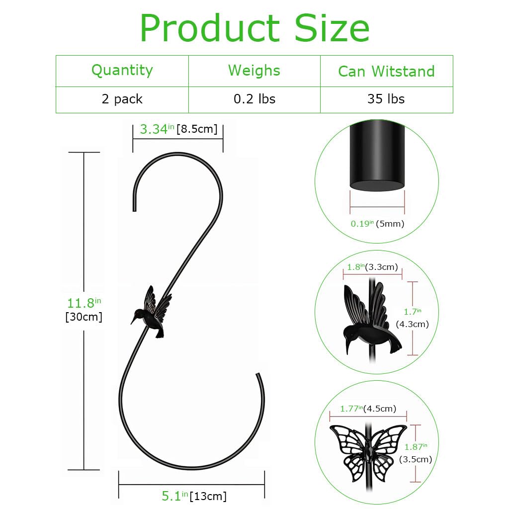 Zibuyu Metal Plant Hanger for Indoor and Outdoor Use with 12 in Hooks featuring Bird and Butterfly Design | Heavy Duty Black Metal S Hooks for Planters and Bird Feeders
