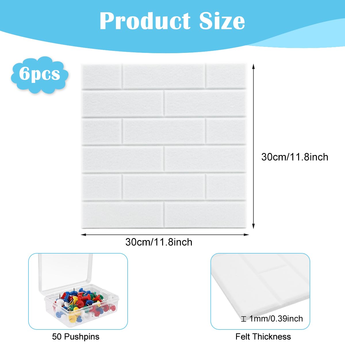 OFIFO Felt Black Boards for Home Organization with 50 Pins and Self Adhesive 30x30cm | White