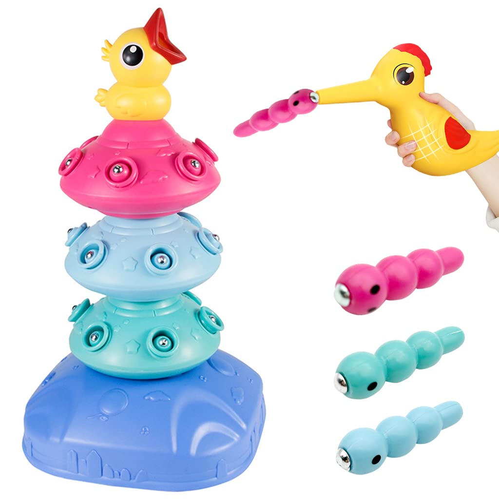 PATPAT® Stacking Toy Magnetic Toys for Kids Fine Motor Skill Toys for Kids Electric Rotatable Toddler Woodpecker Catch and Feed Game, Bird Caterpillars Toy Set Montessori Toys for 3 Year Old Boy