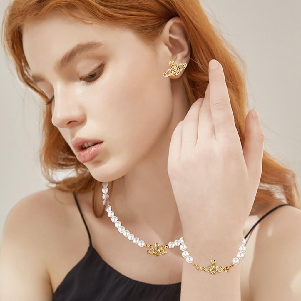 SANNIDHI Pearl Necklace Jewellery Set for Women with Rhinestone Charm | 4pcs Gift