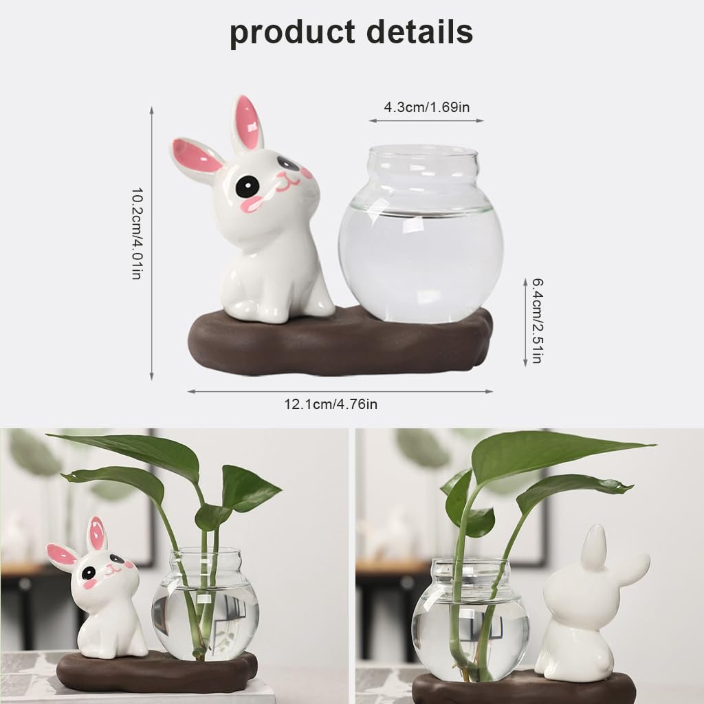 HASTHIP Mini Glass Hydroponics Pot Set for Desk Decor with 6.5x7cm Glass Pots and Compact 12x6cm Base | Cute Ceramic Bunny Ornament Gift