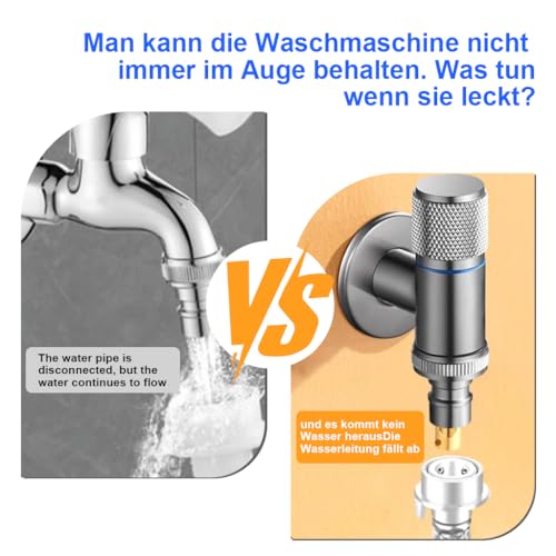 HASTHIP® Washing Machine Faucet Stainless Steel Automatic Water Stop Valve Snap Universal Dishwasher Angle Valve Laundry Tap with Adapter Chrome Finish 3PCS