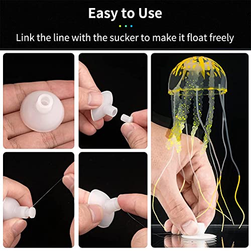 Qpets® Aquarium Decor Combo – 3 Pcs Fluorescent Silicone Jellyfish Ornaments & 2 Pcs Floating Cartoon Diver Resin Decorations for Fish Tank, Artificial DIY Fish Aquarium Accessories Set