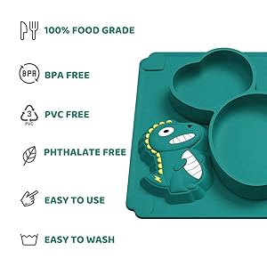 SNOWIE SOFT® Baby Suction Plates for Feeding Silicone Toddler with Deep Divided Kids to Themselves Place Mats Cute Dinosaur Design Bpa Free 1 Count Green 2PCS