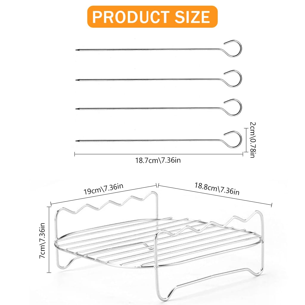 Supvox® Air Fryer Grilling Rack Skewers Combo Stainless Steel Grilling Rack with 4pcs Stainless Steel Skewers, Double Layer Grilling Rack with Handle Fits Most 4.2QT Air Fryer