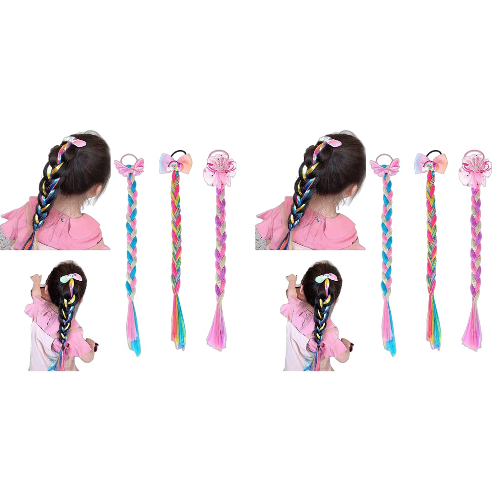 SANNIDHI Hair Extensions for Kids with Rubber Band Bows and Glitter Braids | 6PCS Synthetic Ponytails