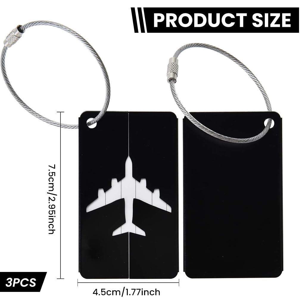 ZIBUYU Luggage Tags 3 Pack for Travel with Steel Loops and Privacy Cover | Black Aluminum ID Labels