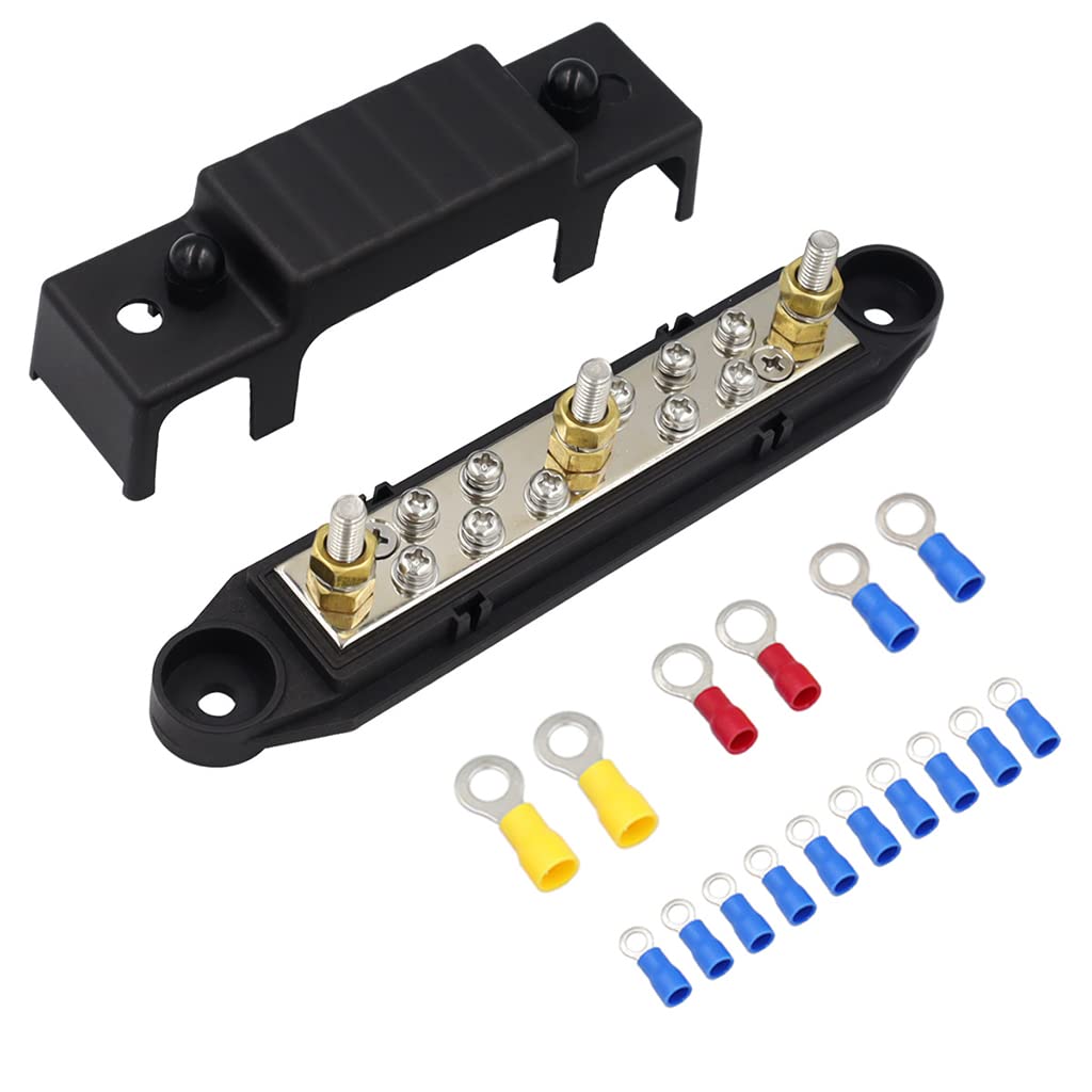 Serplex® Bus Bar-3x1/4'' Post, 10x#8 Screw Terminal Power Distribution Block with 16Pcs Ring Terminals (Black)