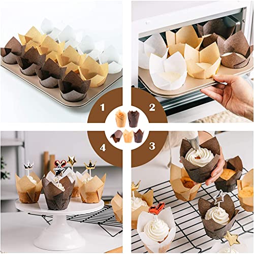 Supvox® 100Pcs Cupcake Liner, 5cm Diameter Tulip Cupcake Paper Cups, Food Grade Greaseproof Paper Baking Cups Muffin Liners Holders for Baking Weddings, Birthdays (Golden Printed, Brown)