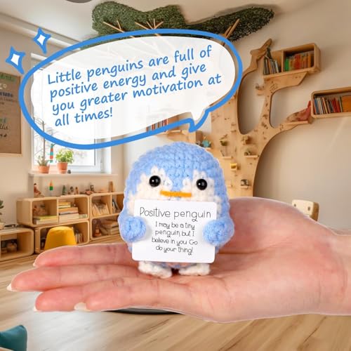 ZIBUYU® Handmade Crochet Penguin Toys Desk Decor with Positive Message Card Cute Motivational Gift for Office Home Baby Nursery Blue 2PCS