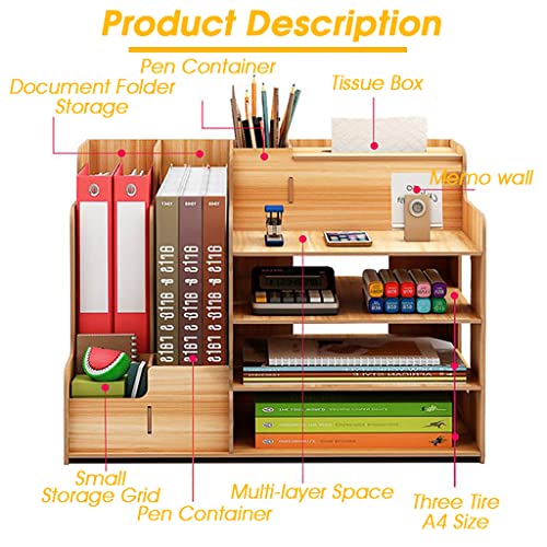 ZIBUYU® Yellow Wooden Multi-Functional Desk Stationary Organizers with Book Stand Tissue Box Pen Holder with 4 Layer Rack Table Accessories Supplies for Office,Room