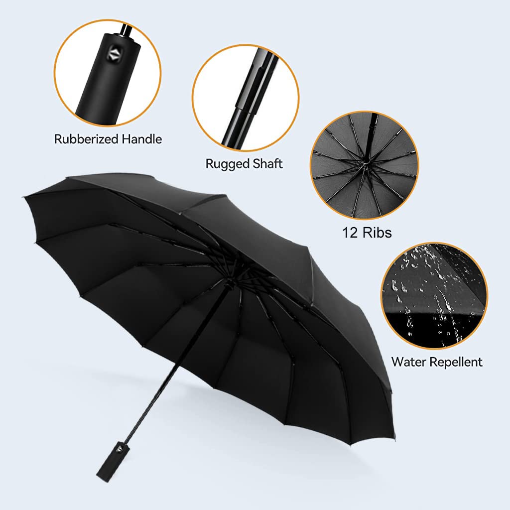 PALAY® Large Windproof Umbrella, Wind Resistant Compact Travel Folding Umbrellas, Ladies Auto Open Close with 12 Reinforced Fiberglass Ribs for Men, Women, Girls (Black)