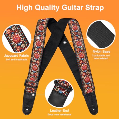 HASTHIP® Guitar Strap Double-Sided Fashion Embroidered Adjustable 34-41 Inches for Acoustic Electric Bass Gift Players 2PCS