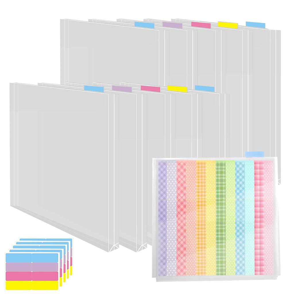 HASTHIP® 10Pcs File Holder Filer Folder Organizer 12 Inches Square File Holder File Storage Bags with 40 Colorful Index Stickers Transparent Plastic Holder for Scrapbook Paper Cardstock Vinyl Paper