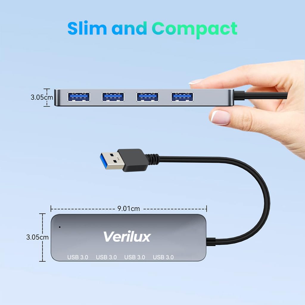 Verilux USB Hub, 4 USB 3.0 Extender,4 in 1 Multiport USB Hub,Aluminum Alloy,Faster Transmission,USB Hub for Home & Work,Compatible with Most USB Devices