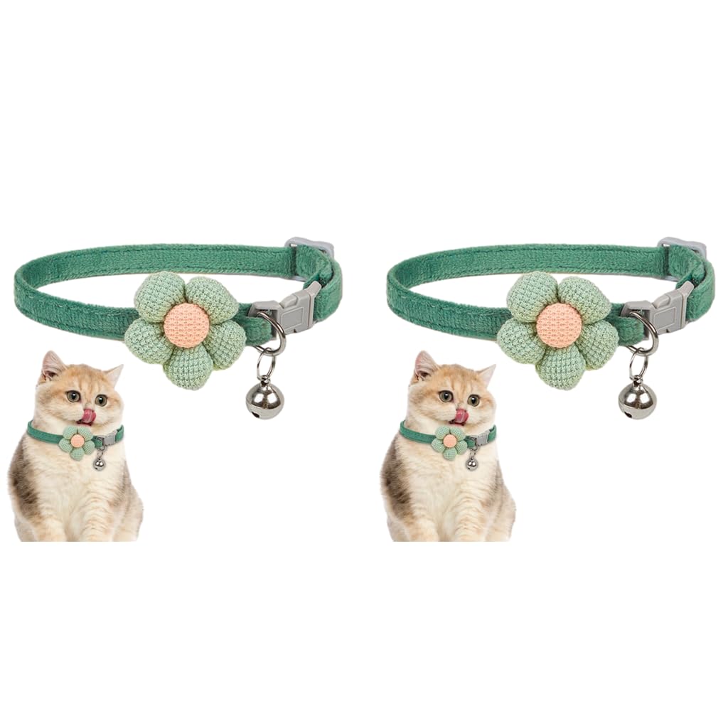 Qpets Cat Collar with Crochet Flower and Bell featuring Quick Release Soft Plush | Green 2PCS