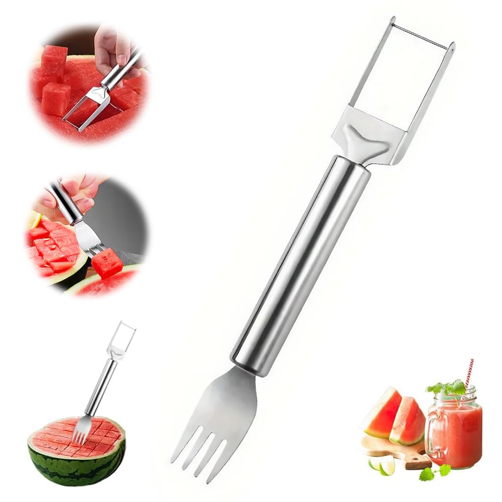 HASTHIP® 2-in-1 Watermelon Cutter & Fork Watermelon Slicer 9.4 Inches Stainless Steel Melon Cutter Slicer and Fork Dual Head Design Watermelon Cutter Fork