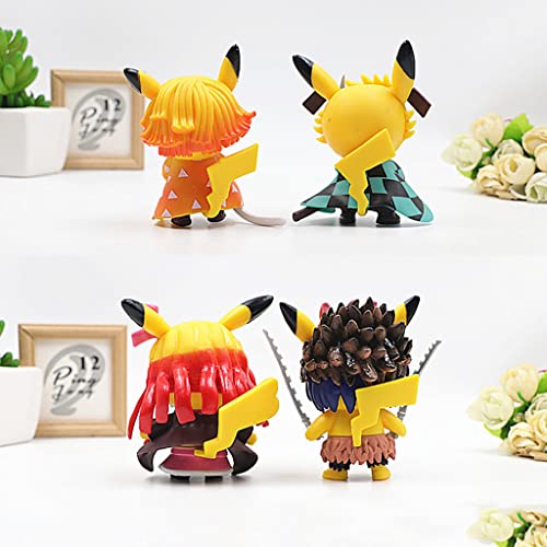 PATPAT® 4pcs Poke-mon Pi-kachu x Demon Slayer Action Figures Desk Decoration PVC Poke-mon Pi-kachu Figure Toy, 8-9cm, Christmast Gift Birthday Gift for Poke-mon Fans Kids Demon Slayer Lovers