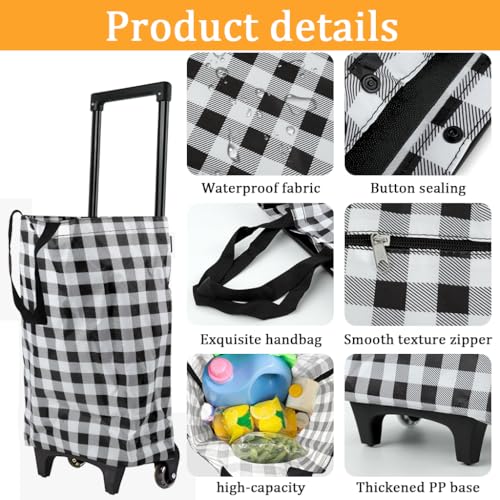 Serplex® Oxford Trolley Shopping Bag Waterproof Foldable Grocery Cart with Wheels & Lifting Handles, 20kg Capacity, Retractable Handle, Fashion Checkered Trolley Shopping Bag