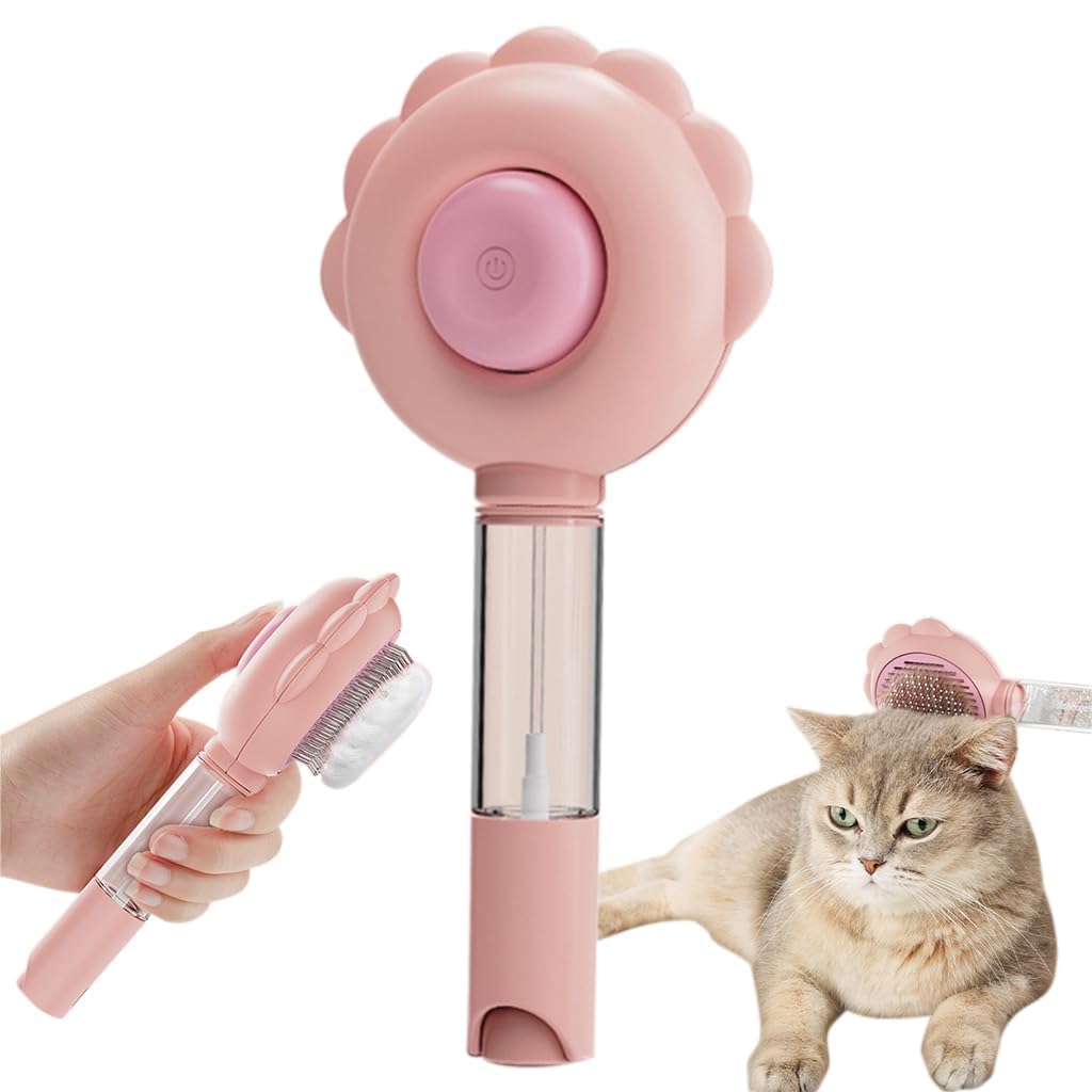 Qpets Cat Brush for Detangling and Shedding with Long Handle and Mist Sprayer | Easy One Button Cleaning