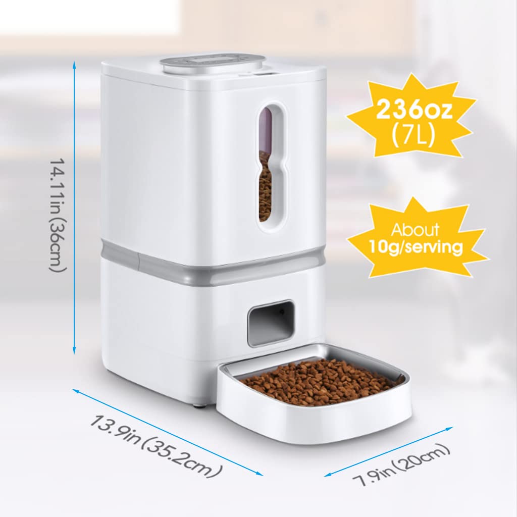 Qpets® 7L Automatic Dog Cat Feeder Pet Feeder with Bowl Programmable Time and Quantition, Cat Food Dispenser with 4 Meals Auto Feeding, Voicemail Recording