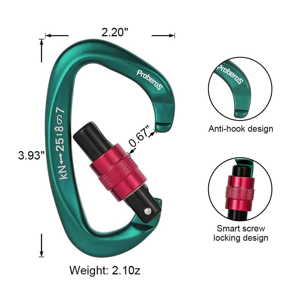 PROBEROS Climbing Carabiner Clip for Outdoor Activities with Screwgate Lock 25KN Aluminum | 2PCS 10 x 5.8 cm