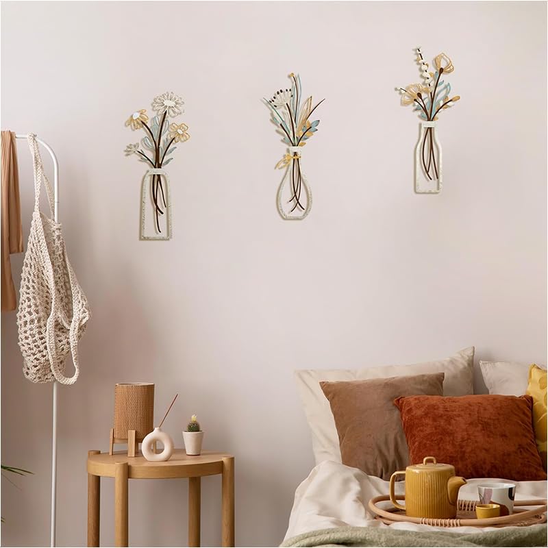 Zibuyu Metal Flowers Wall Art Set of 3 for Living Room with Beige Rustic Farmhouse Charm