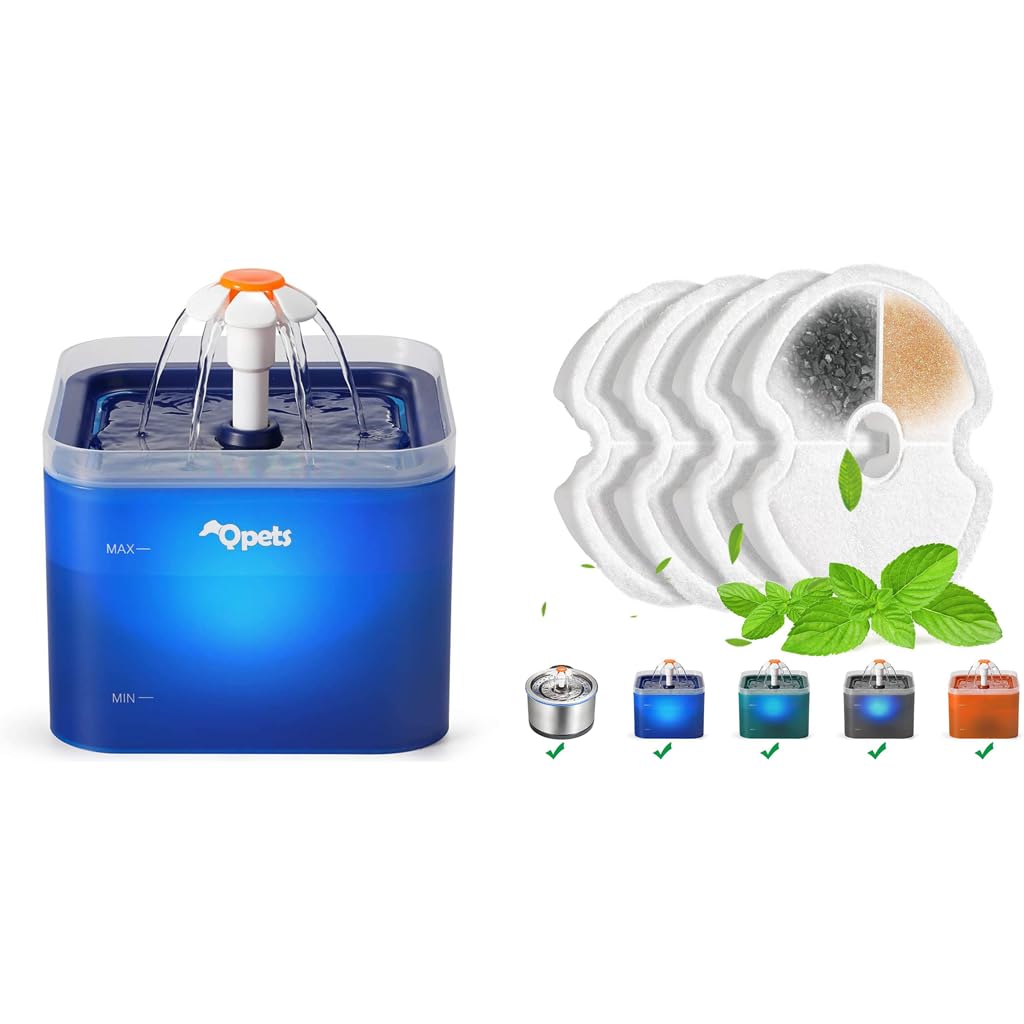 Qpets® 2L Cat Water Fountain with LED Light, Ultra Quiet Automatic Pet Drinking Dispenser for Cats & Small Dogs, Blue, with 4 Replacement Filters for Clear Water, Home & Multi-Pet Use Combo